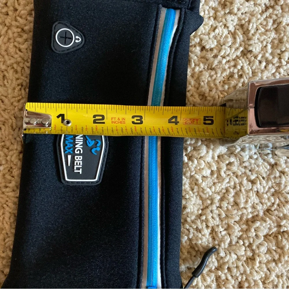 Black Running Belt Max with Blue Accents, adjustable, 3 pockets, keychain